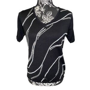 Flawed Jenny Beaded Sequin Knit Top Abstract Pattern Short Sleeve Sweater Casual